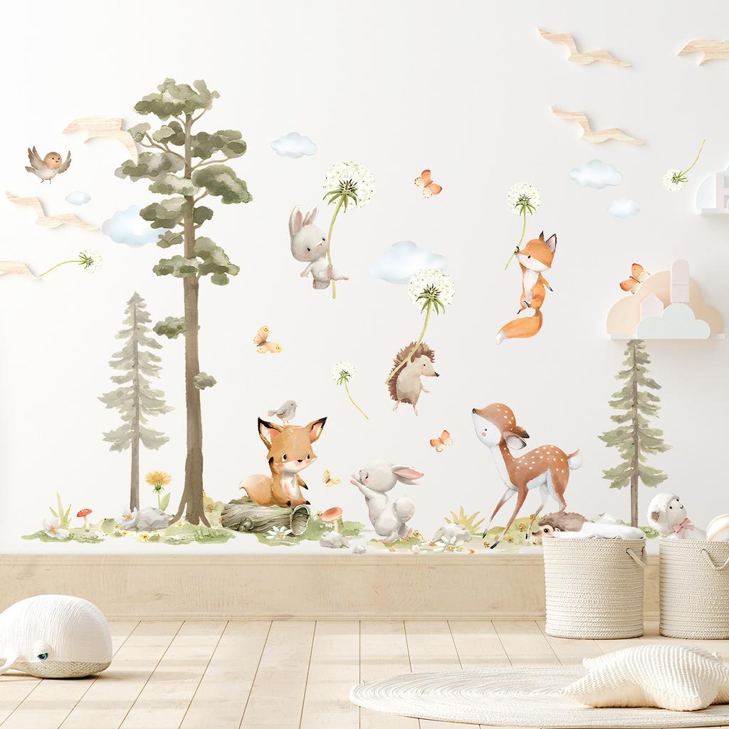 Cartoon Forest Big Tree Animals Wall Stickers Hedgehog Dandelion Decals for Children's Room Baby Bedroom Home Wall Decoration