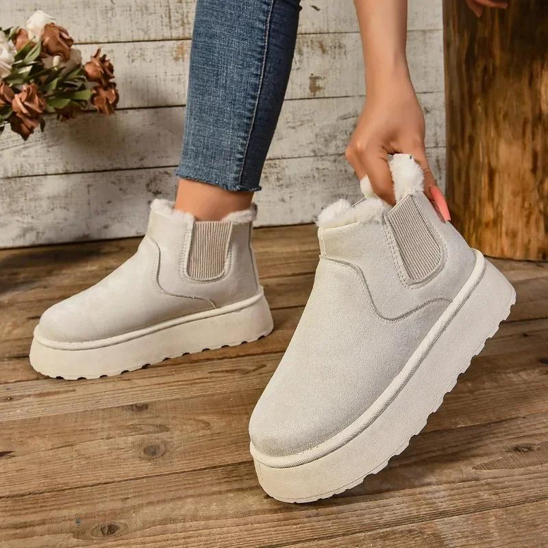 Cotton Boots Winter Women Short Plush Warm Snow Boots Casual Shoes for Women Suede Fur Chelsea Ankle Boots Flats Platform Shoes