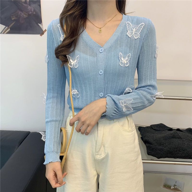 

Женский короткий вязаный кардиган с дизайнерским чутьем, топ с длинным рукавом, летний V-образный вырез, тонкий базовый слой, женская одежда, лето One size небесно-голубой