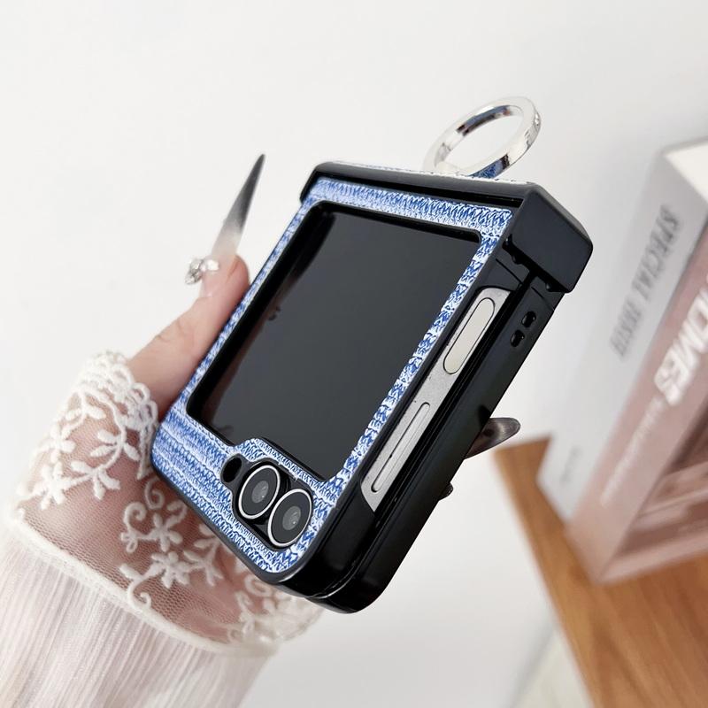 Skórzane etui składane Slim 3-częściowe w jednolitym kolorze w paski dla Samsunga Galaxy Z Flip6 Flip5 Flip4 Flip3 z uchwytem na pierścień, twarde PC, odporne na wstrząsy, matowe etui na telefon
