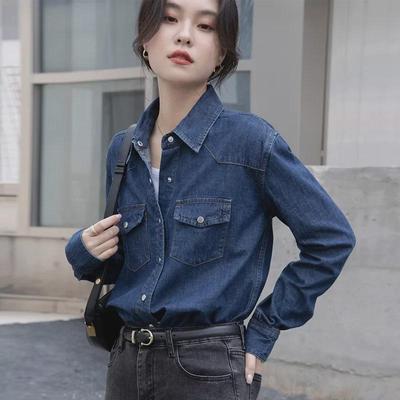 Women's Dark Blue Retro Denim Shirt Jacket – Small Size, Straight Shoulder, Perfect for Layering In Spring, Autumn, and Winter.
