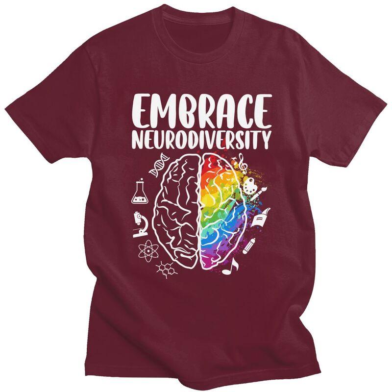 Embrace Neurodiversity Autism Awareness Colorful Brain TShirt Pure Cotton Tee Tops O Neck Tshirts Casual ShortSleeve Clothing