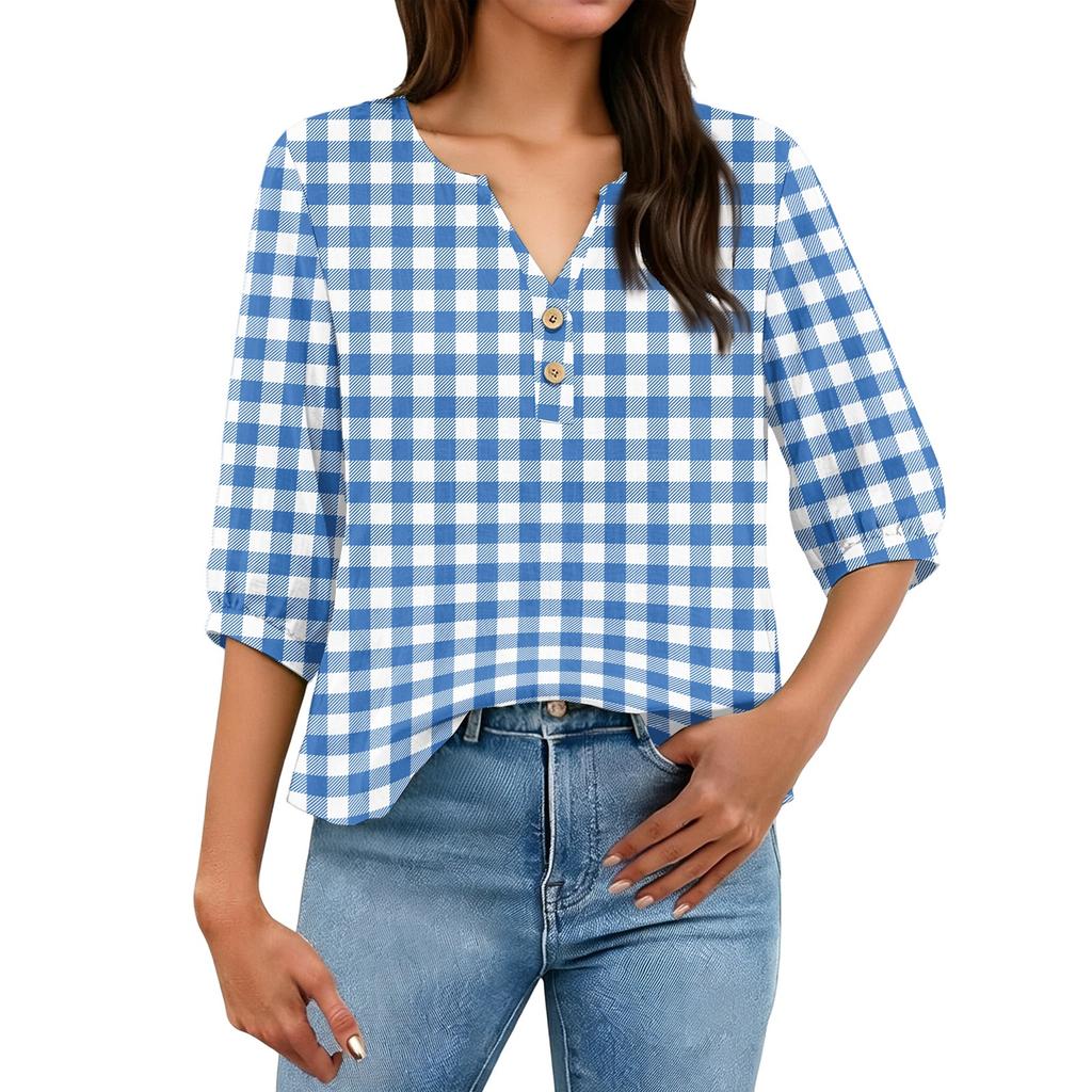 Women’s Casual Plaid Print Henley Shirt Cotton Linen Three Quarter Sleeve V Neck Button Front Loose Fit Top