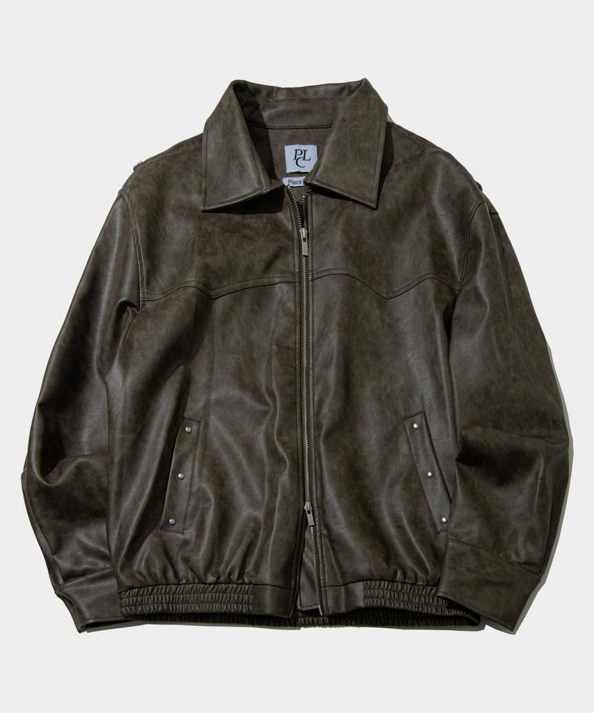 Placestudioman Crack Pigment Oversized Rivet Pocket Two-Way Leather Jacket [Brown]