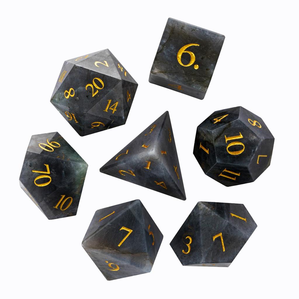 Cusdie Labradorite DND Dice Handmade 16mm D4-D20 Polyhedral Dice Set with Leather box Gemstone Dices for Collection Tabletop RPG
