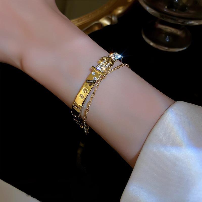 Exquisite Zircon-Gold Belt Buckle Bracelet: Luxurious Double-Layer Bangle for Chic Commuting Fashion
