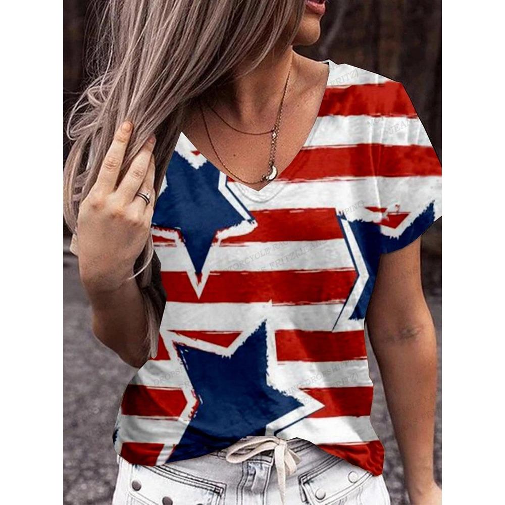 American Flag 3d Print T-shirt Women Fashion V-Neck T-shirts Short Sleeve Tops Tees Loose Casual Tees