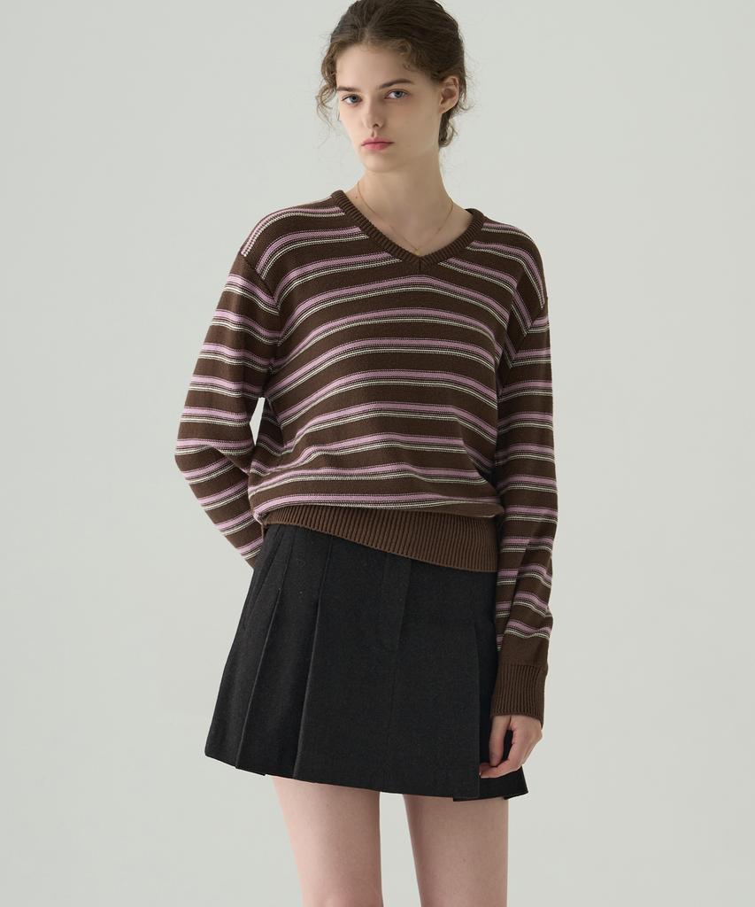 Deuloupisumeon Ripple Stripe Cotton V-Neck Knit [Black]