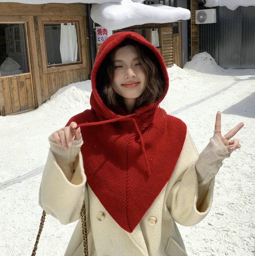 Solid color balaclava hat knitted pullover scarf integrated drawstring autumn and winter windproof and warm women's ear protective wool hat