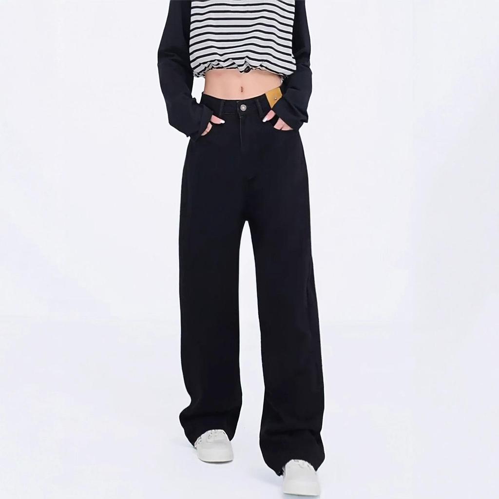 Jeans Noirs Droits Taille Haute pour Femmes en Forme Poire - Coupe Ample, Grandes Tailles, Automne/Hiver