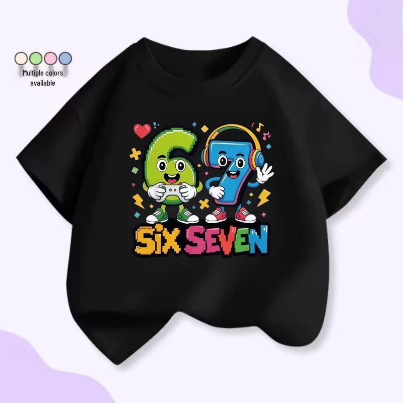 Unisex Kids Cartoon Print Cotton T-shirt, Short Sleeve, Ages 6-7, Round Neck 160 cm