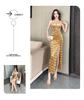 Elegant Velvet Strappy Midi Dress with High Slit and Low-Cut Design