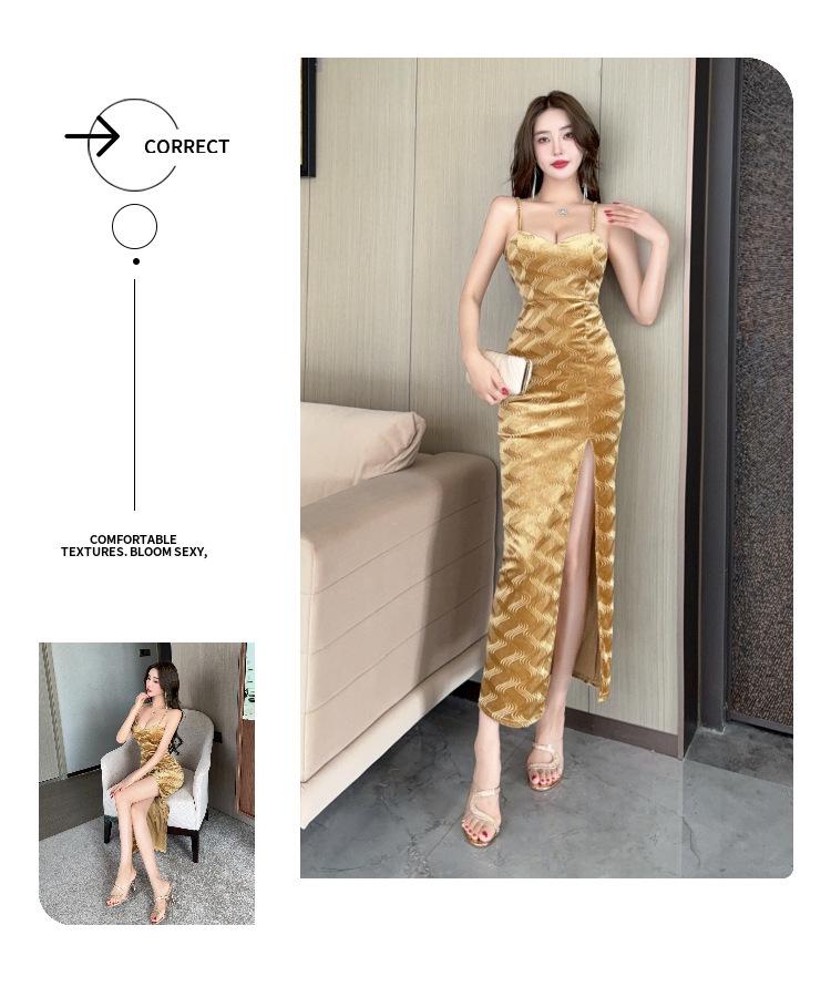 Elegant Velvet Strappy Midi Dress with High Slit and Low-Cut Design