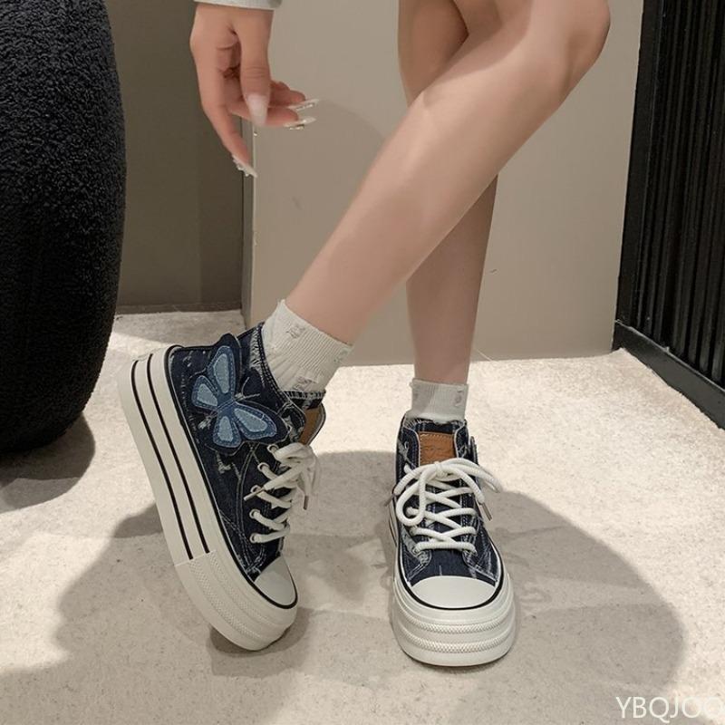 Fashion Thick Soled Women's Canvas Shoes Spring and Autumn New High Top Denim Butterfly Decorated Canvas Casual Versatile Board Shoes