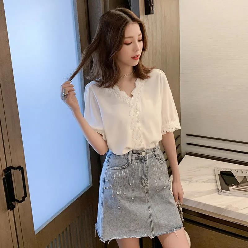 Summer Internet Celebrity New Fashion Design Niche Lace Chiffon Temperament V-neck Loose Super Fairy Top for Women