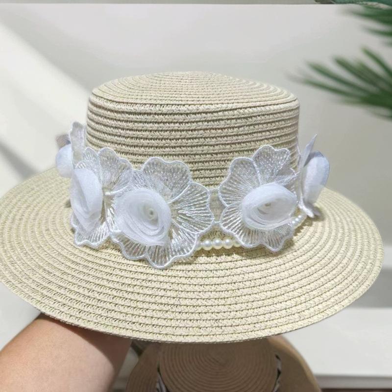 Hat female summer beach sunshade sunscreen sun hat French British retro temperament pearl flat top top hat