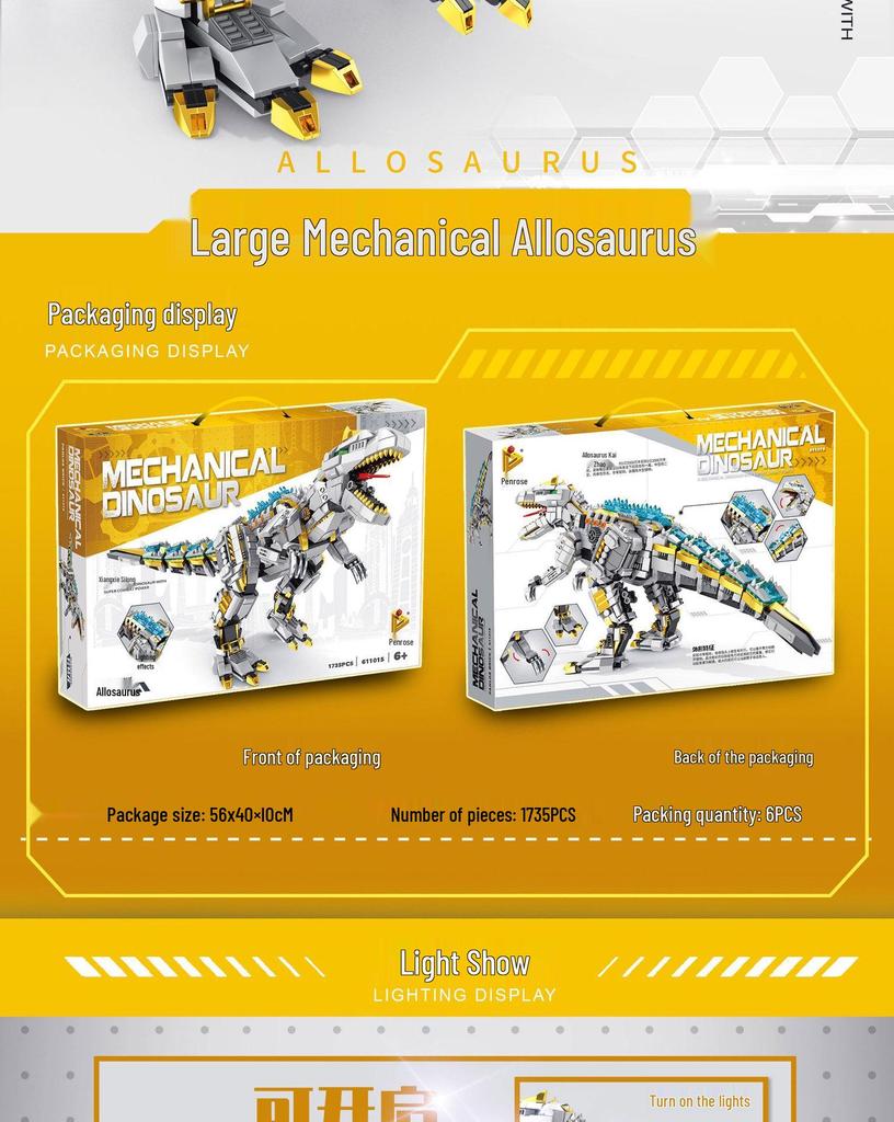 Jurassic Challenge: Light-Up Mechanical Dinosaur Building Blocks (Allosaurus & T-Rex) Toy for Boys