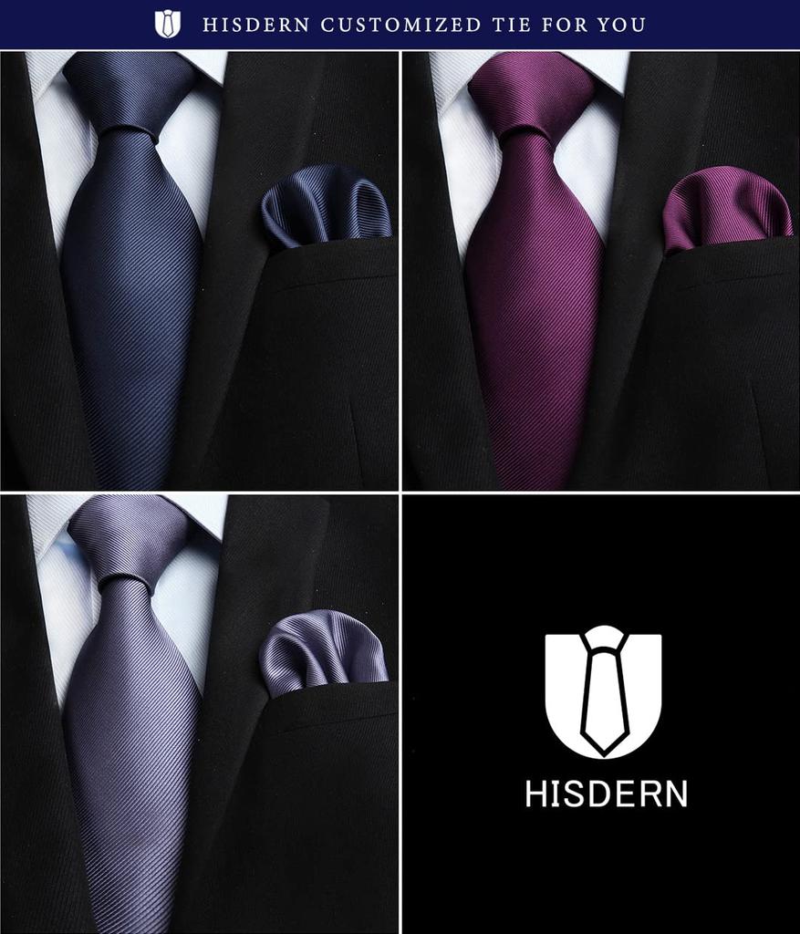 [HISDERN] Plain Tie Set of 3, Formal Tie and Pocket Square Set for Men, Perfect for Weddings, Father's Day Gifts, Washable T3-01