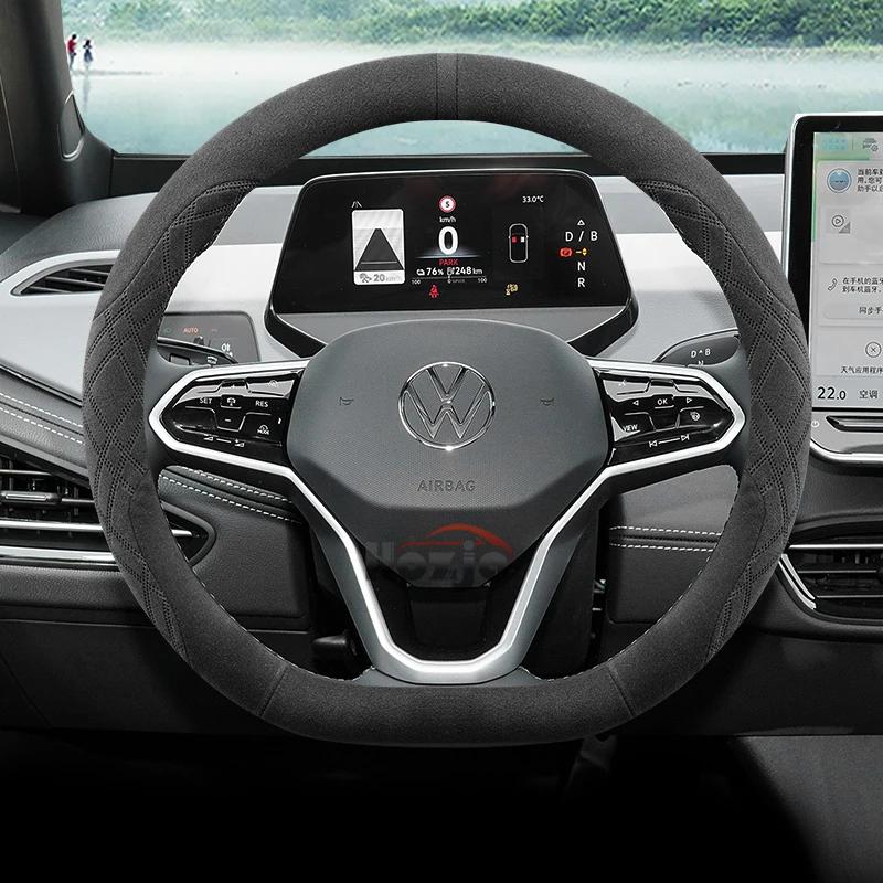 Suede Car Steering Wheel Cover for Volkswagen T-ROC R Taigo Touareg R Atlas R Taos T-Cross 2018 - 2023 2024 2025 Accessories