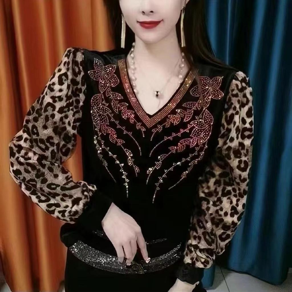 Autumn Winter Women's V-neck Velvet Blouse Rhinestone Loose Patchwork Printed Pullover Blouse