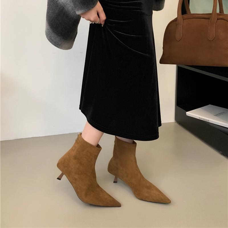 Moda Bailmaos Botines de Tobillo de Punta para Mujer Zapatos de Fiesta para Mujer Moda Otoño Cremallera Conciso Botines Cortos Sexy Tacones Bajos Finos