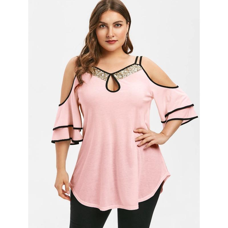 Womens Plus Size Cold Shoulder T Shirt Sequin Detail Ruffle Sleeve Keyhole Top