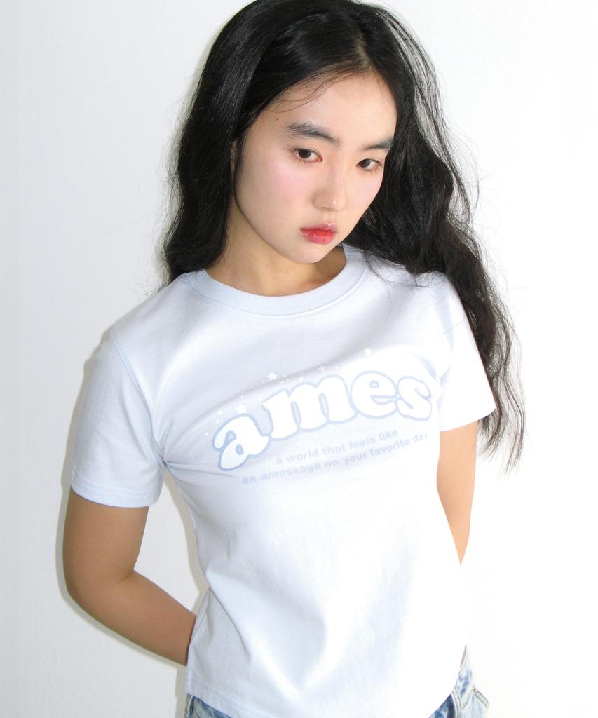 AMES-WORLDWIDE Shining Ames Round Hem Crop Tee Blue