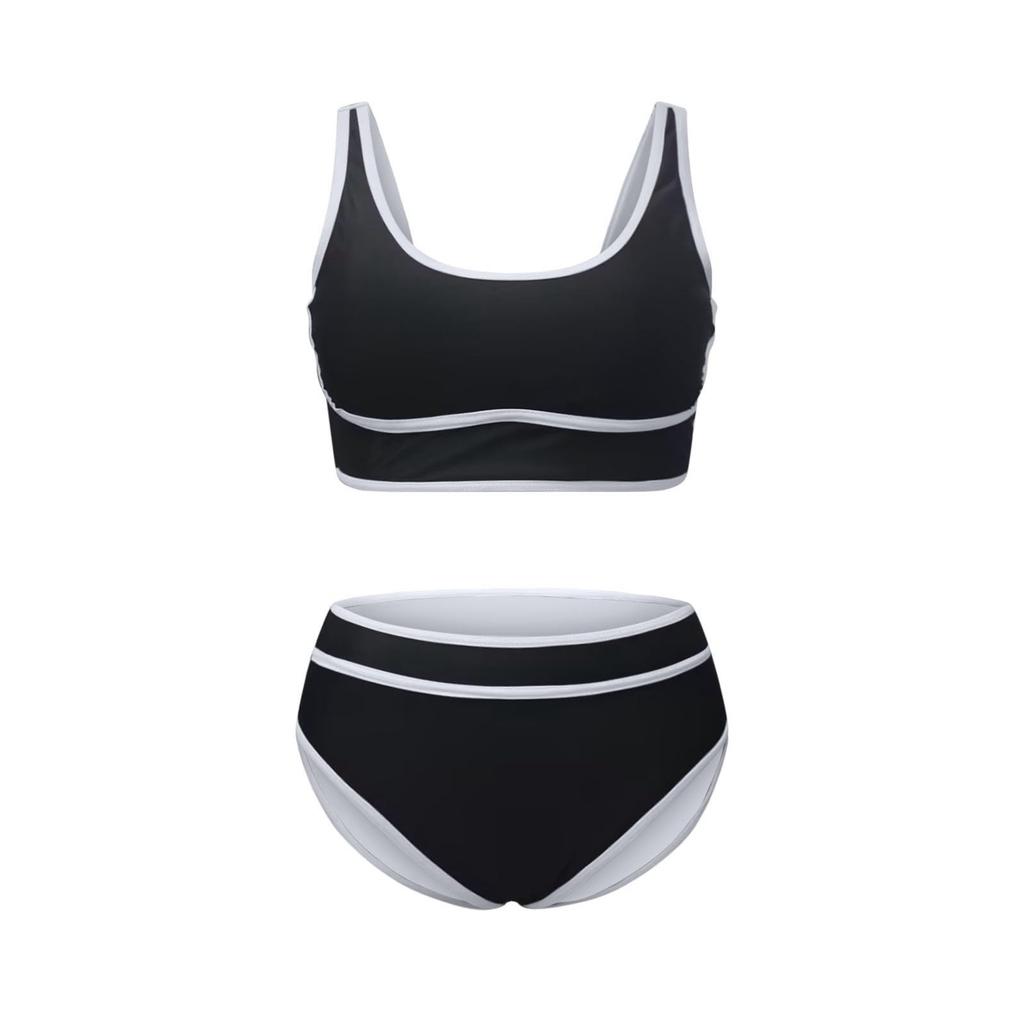 Damen High Waist Bikini-Sets Sportliche Rundhals Zweiteilige Badeanzüge Color Block Hoher Beinausschnitt Badesets