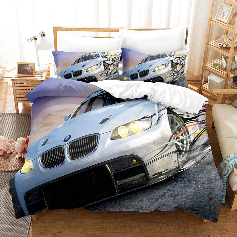 Bed Three-Piece Set Cool Sports Car Racing Series Polished Cloth Home Textile Quilt Cover Pillowcase Bed Sheet Bedding