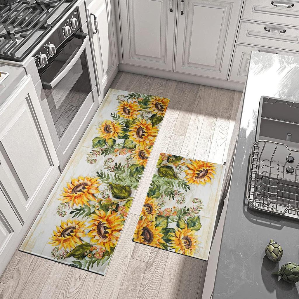 Sunflower Farmhouse Kitchen Rugs Colorful Summer Flowers Decorative Rug for Kitchen Low-Profile Floor Mats for Home Kitchen