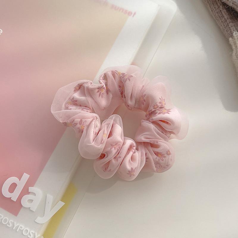 Summer Double Layer Silk Hair Scrunchies Girls Flower Print Sweet Ponytail Holder Elastic Hair Rope Korean Hair Accessories