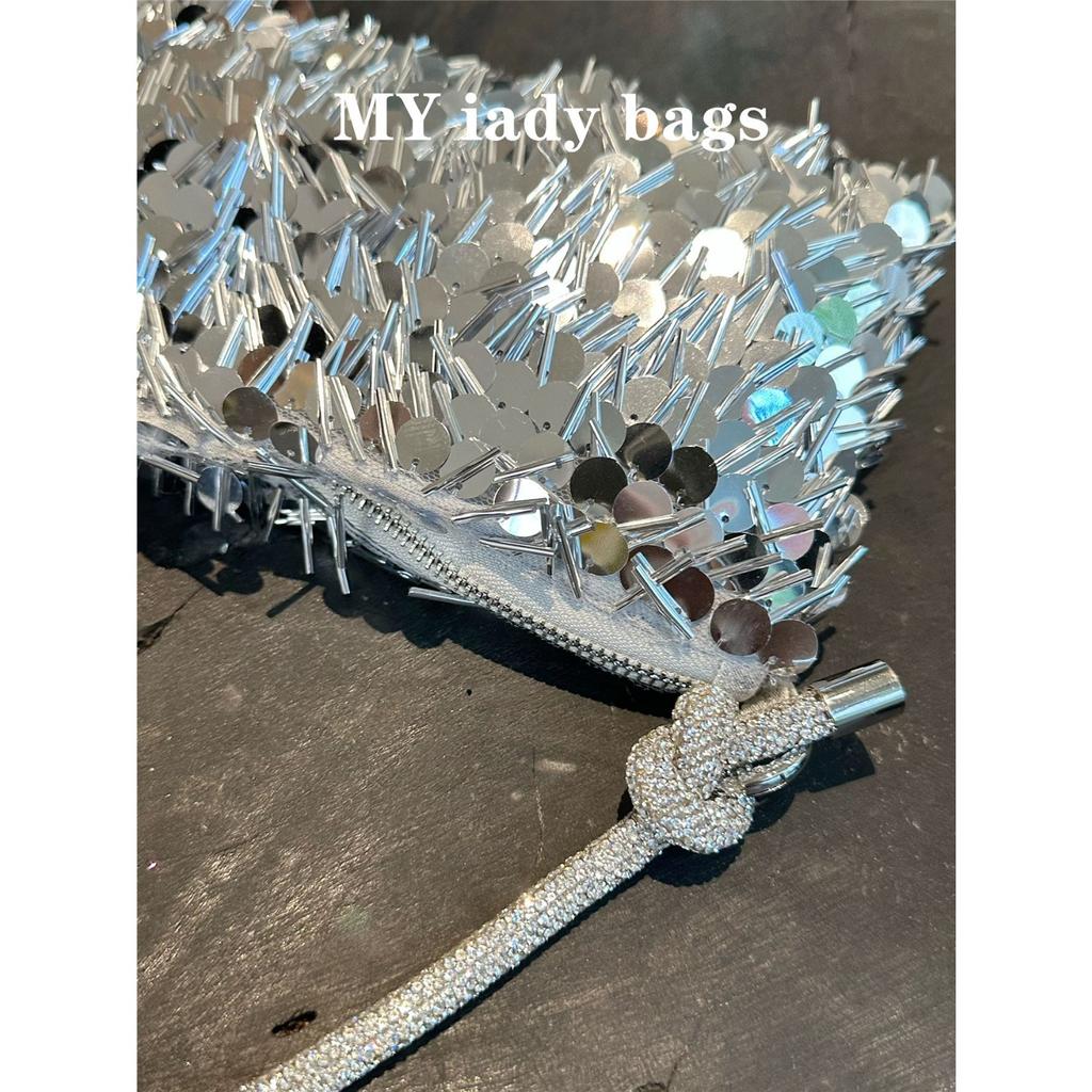 Vintage Silver Sequined Bag Glitter Fringed Portable Vintage Messenger Chain Shoulder Bag Women's Small Bag Dinner Bag