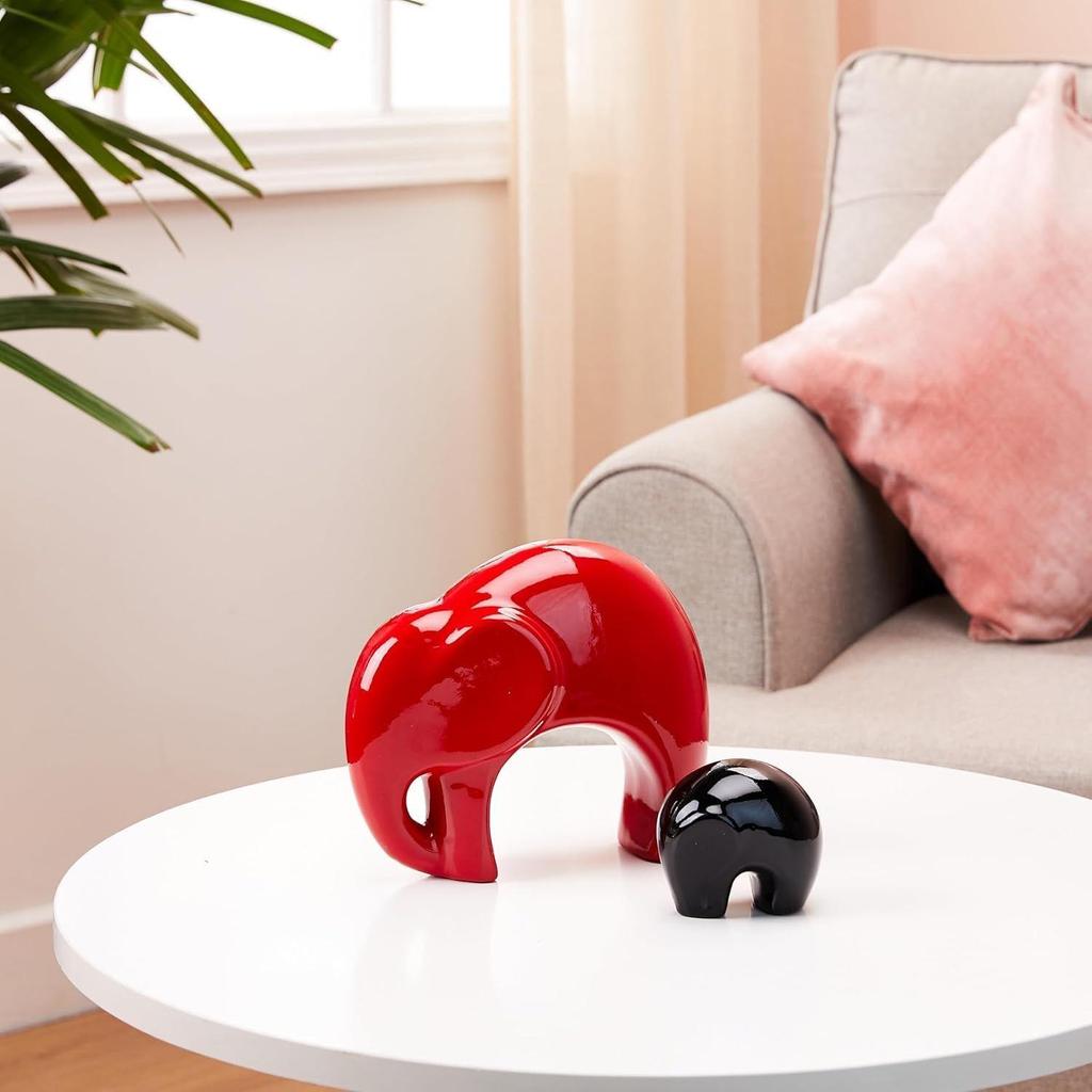 Home Decor Happy Charm Elephant Mother & Child | Piano Finish Ceramic Figures (Set of 2 Pieces, Red and Black)