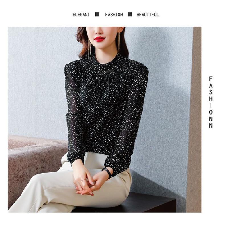 Spring Autumn New Temperament Chiffon Bottoming Shirt Women's Fashion Stand Collar Print Long Sleeve Blouse M-4XL