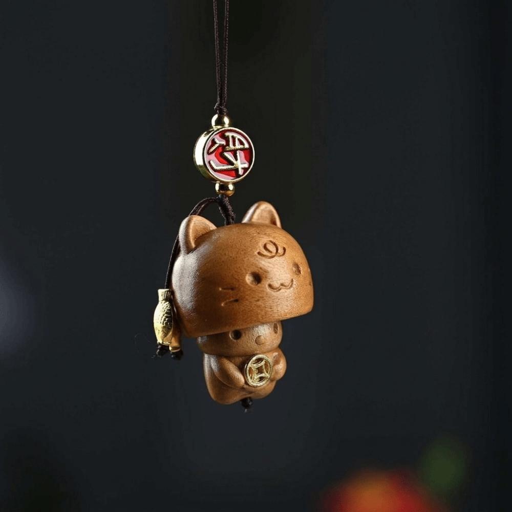 Hand-carved Wood Carving Pendant Cute Car Hanging Ornament Wooden Cat Phone Chain  Phone Accessory