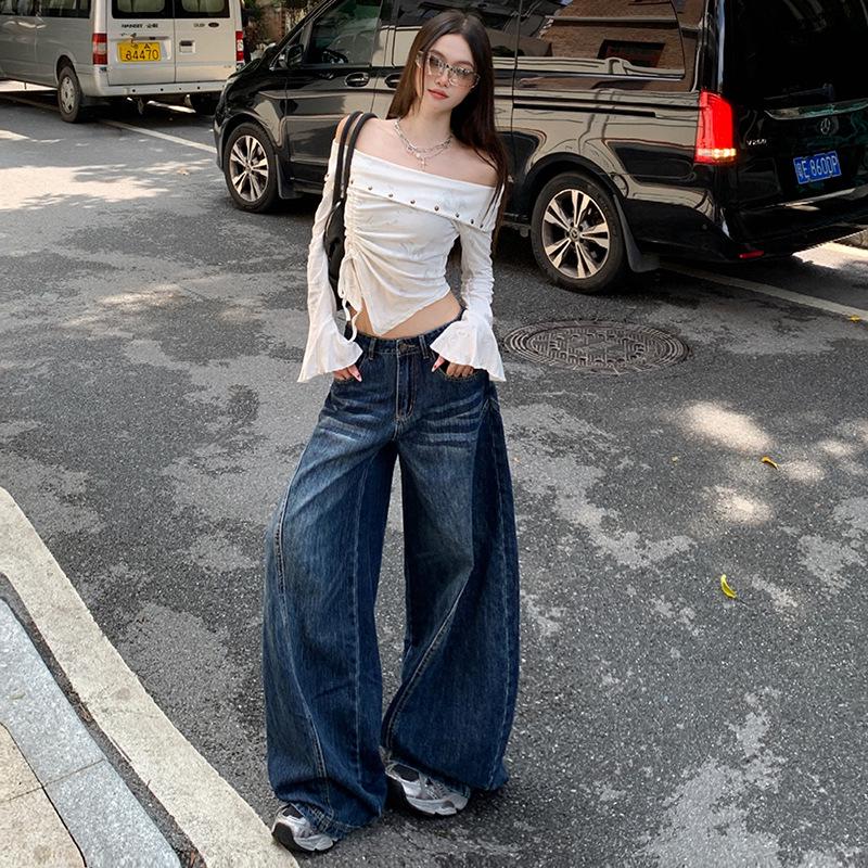 

Женские осенние ретро джинсы-палаццо с высокой посадкой и свободными широкими штанинами Medium