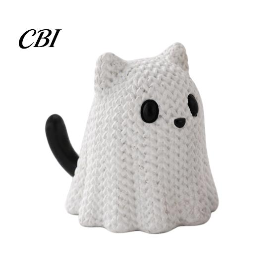 Moisture-proof Spooky Decoration 3D Printed Ghost Dog/Cat Figurine Ornaments, Knitted Texture Halloween Animal Stable Decorations, Small Cute