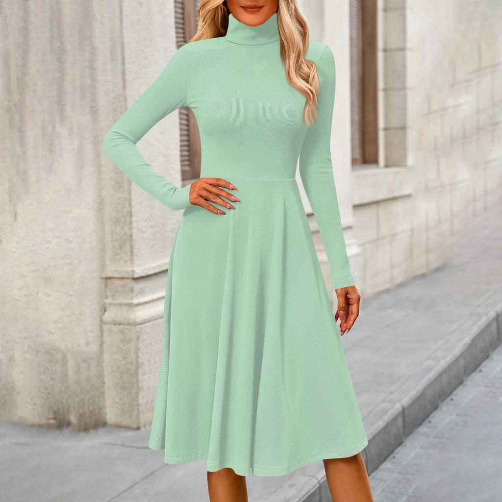 Women's Casual Fashion High Neck Long Sleeve Color Midi Dress