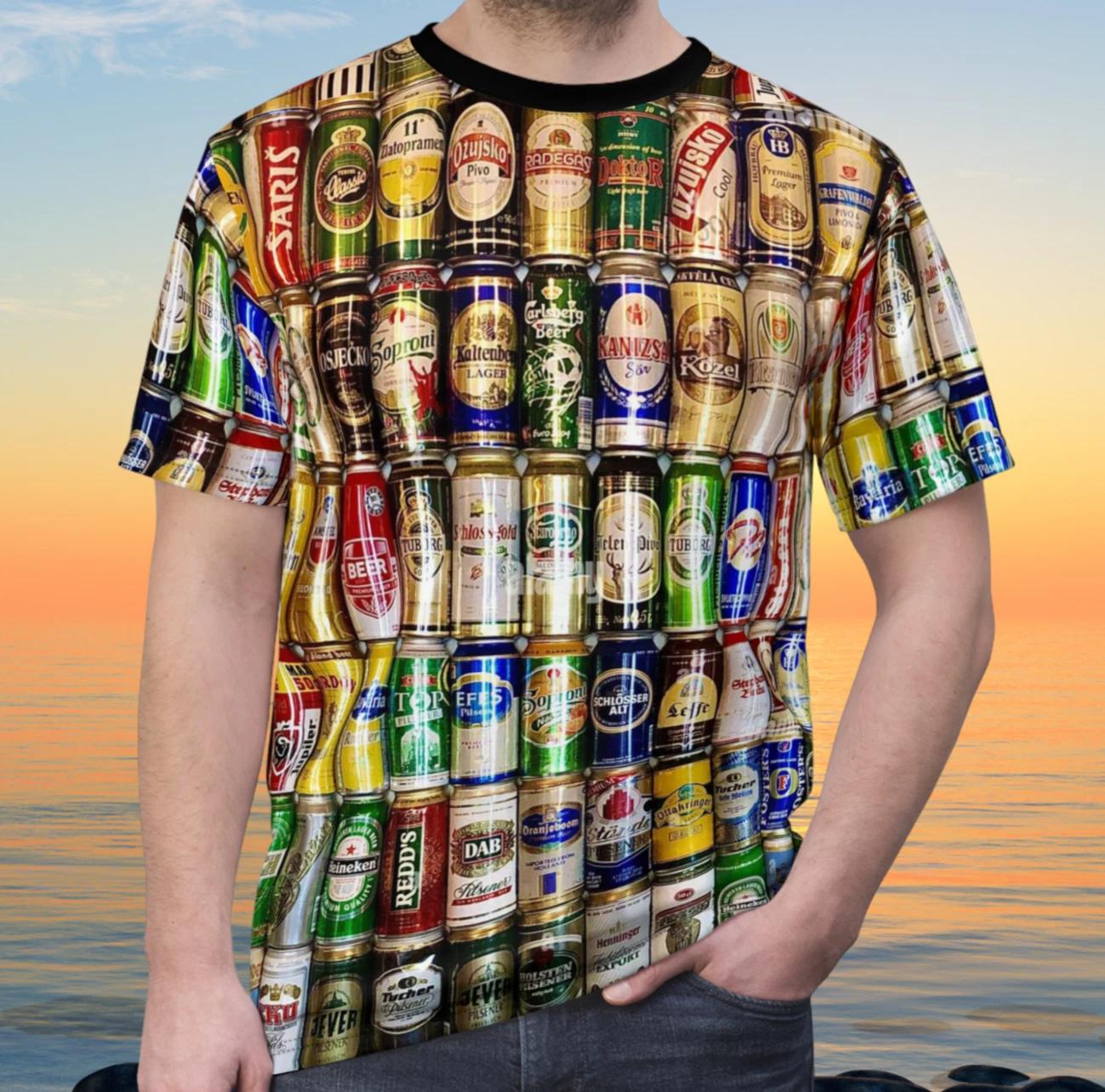 Beer Can Collage Tee | All Over Print Beverage Pattern T-Shirt, AOP Bar Shirt S