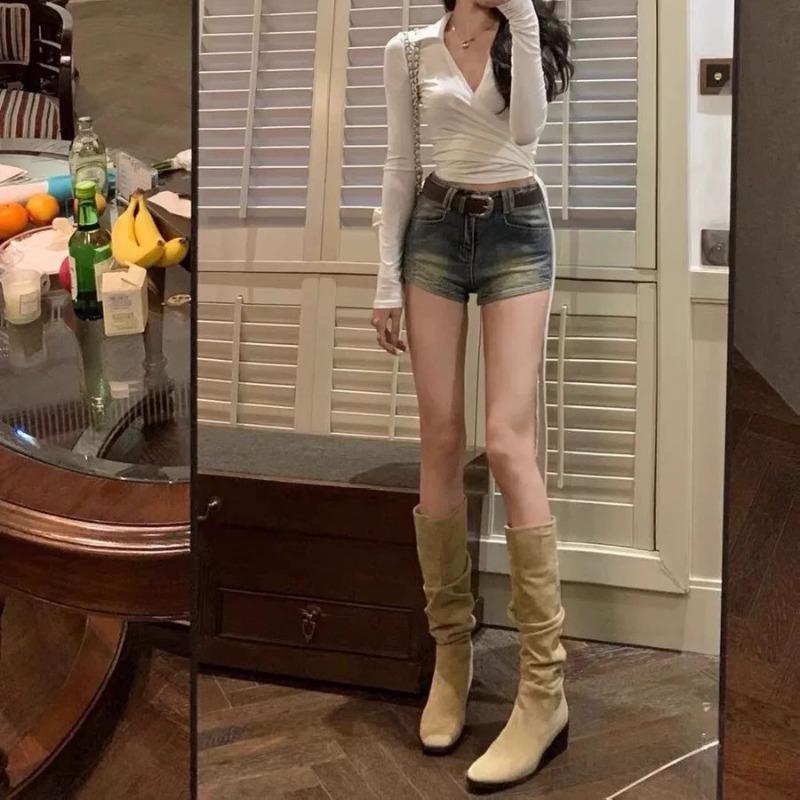 Wrinkled Boots Long Tall Boots Apricot Boots Autumn and Winter New Western Cowboy Boots Women's Boots Solid Color