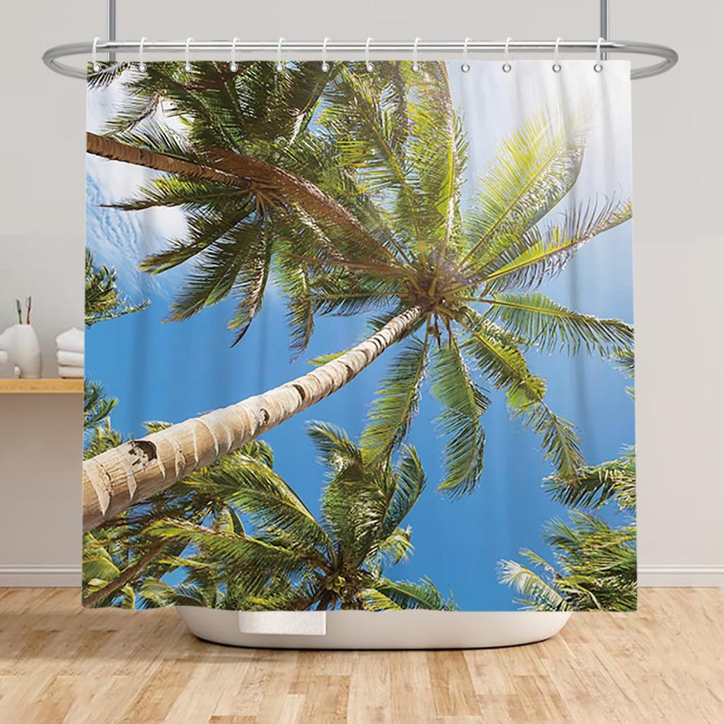 Beach Vacation Shower Curtain Tropical Palm Trees Ocean Waves Starfish Sandy Shore Pattern Waterproof Polyester Bathroom Decor