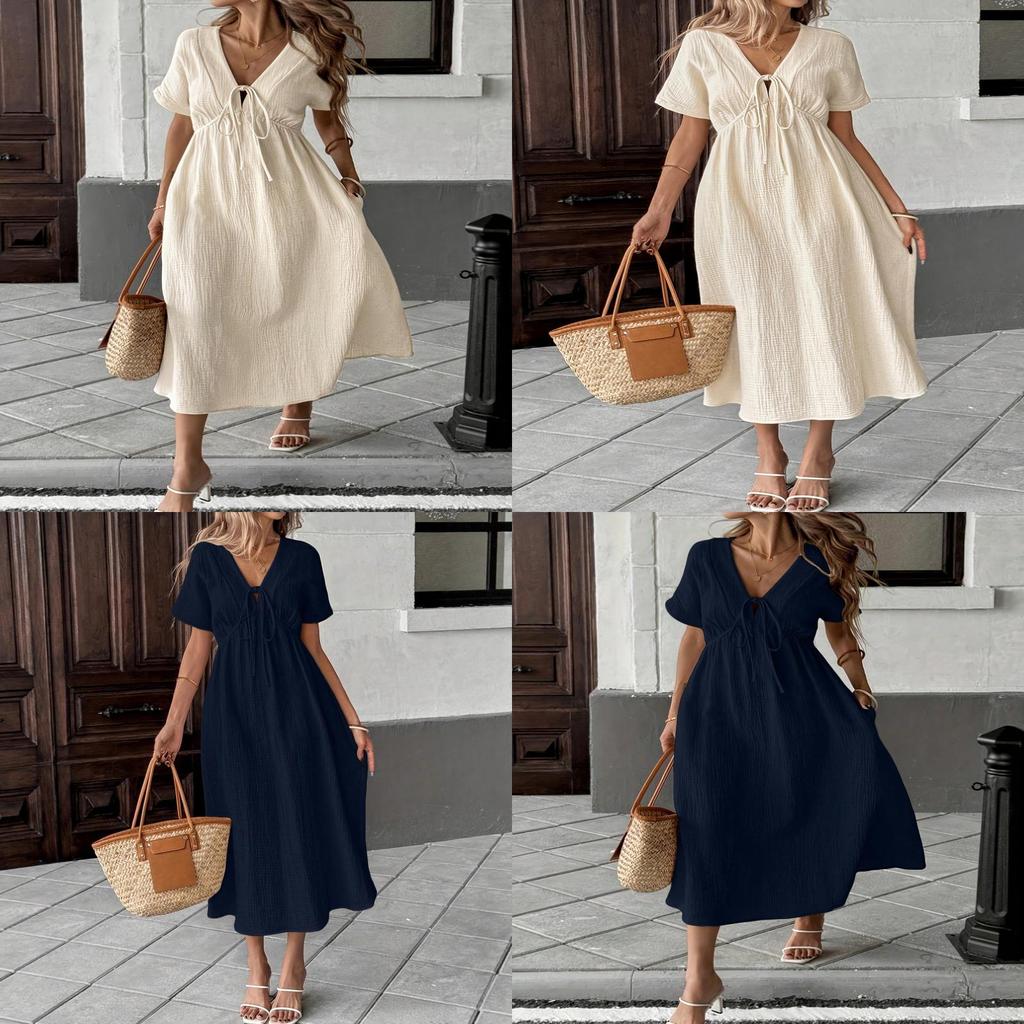 Bohemian Style Deep V Dress With Cross Tie For Casual Summer Wear