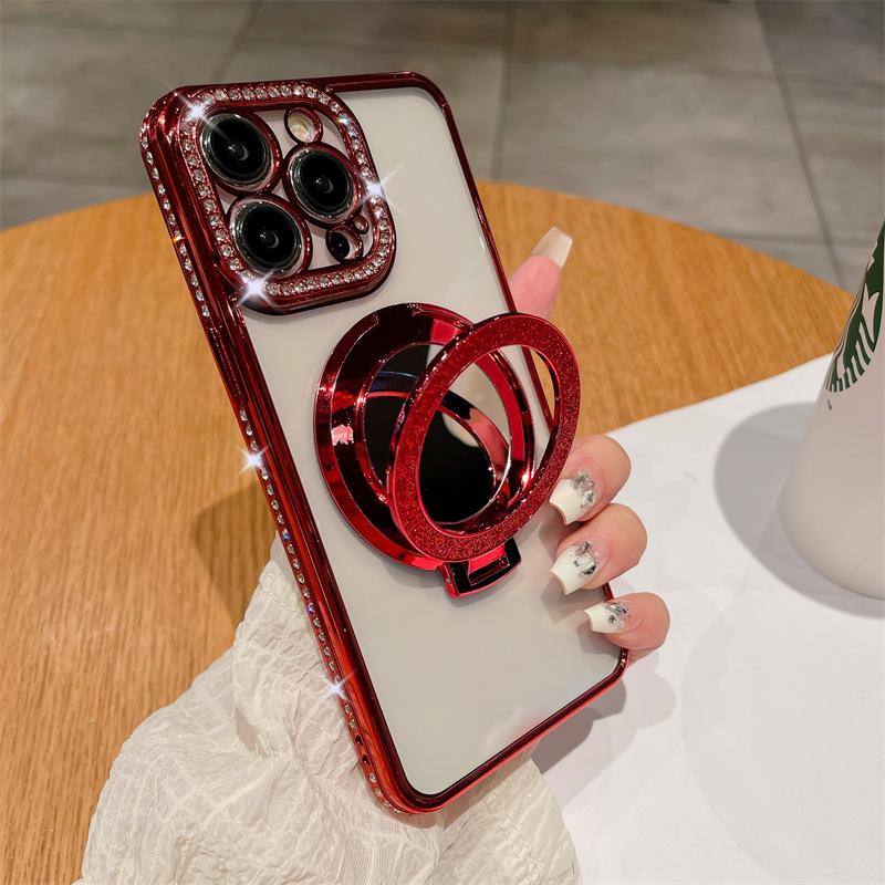 Applicable To iPhone17ProMax Electroplated Rhinestone Mobile Phone Case Apple 16Pro Mirror 15 Magnetic Suction Bracket 14 Sets
