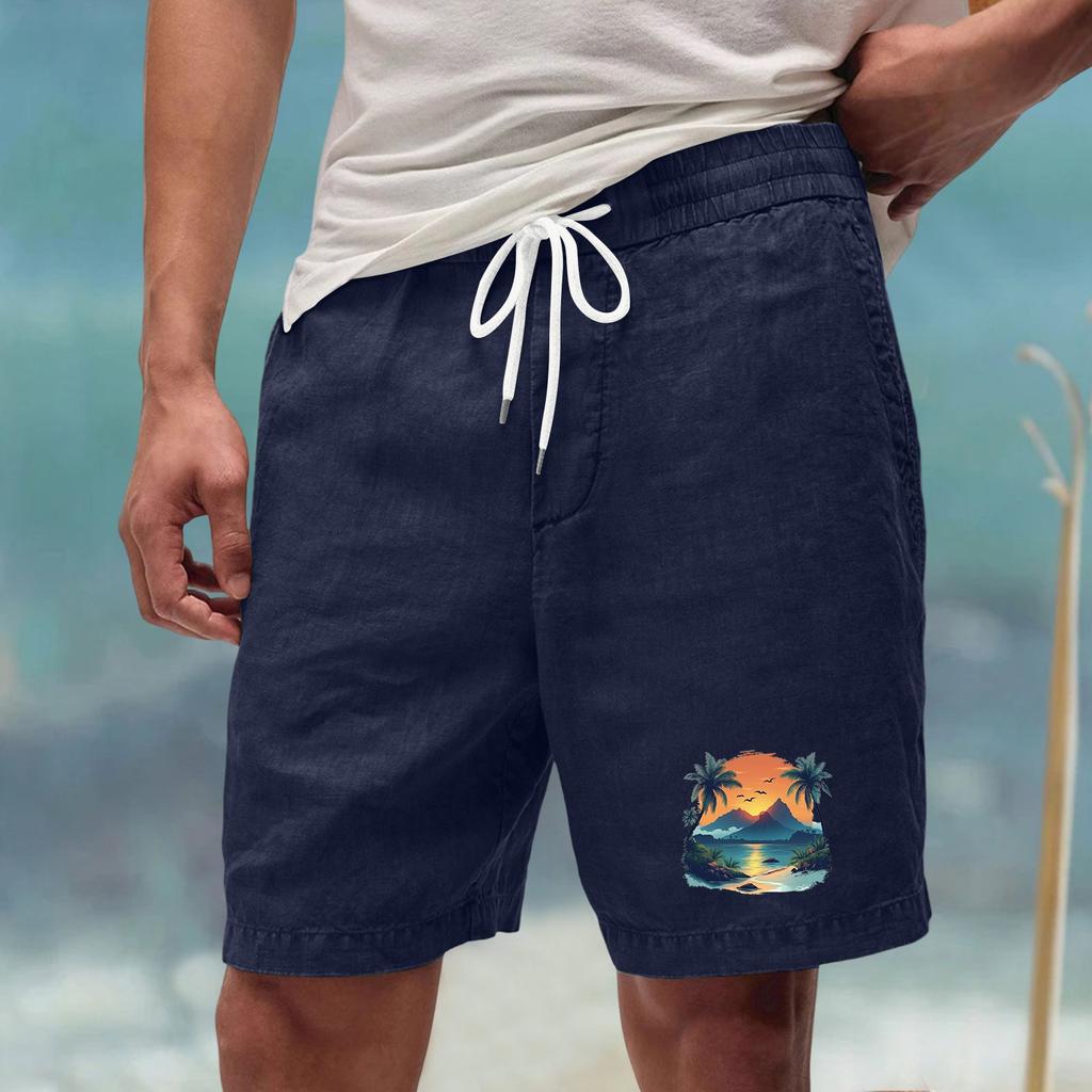 Men’s Casual Loose Fit Drawstring Waist Shorts with Hawaiian Beach Print Relaxed Linen Blend Summer Athletic Pants