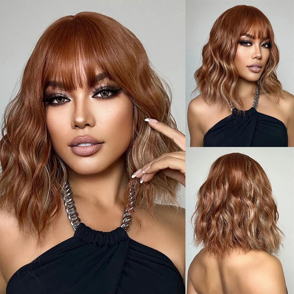 High Quality Red Brown Ginger Copper Wavy Synthetic Wig Bangs Women Short Wavy Curly Bob Daily Wear Cosplay Hair Soft Fiber