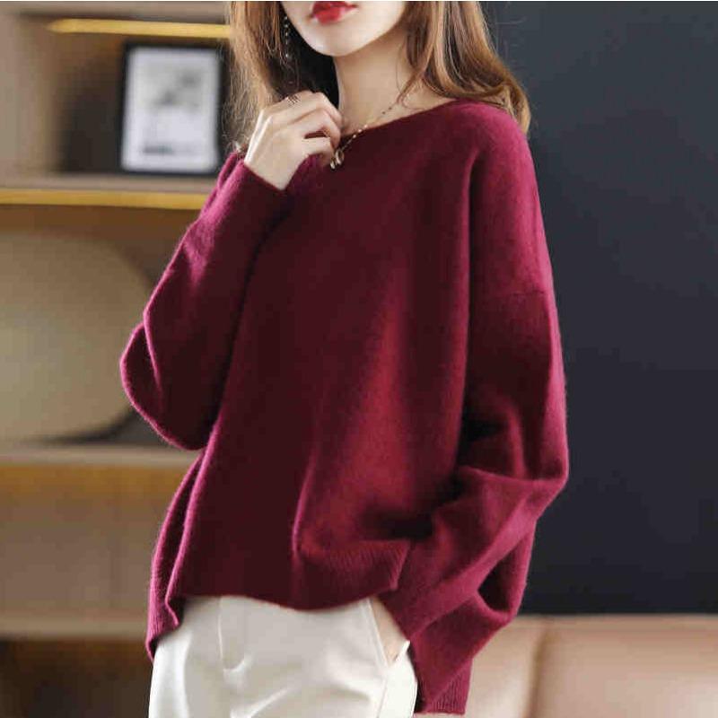 

Вязаный свитер женский осенне-зимний новый пуловер с круглым вырезом однотонный универсальный свитер свободный и тонкий базовый топ толстый L