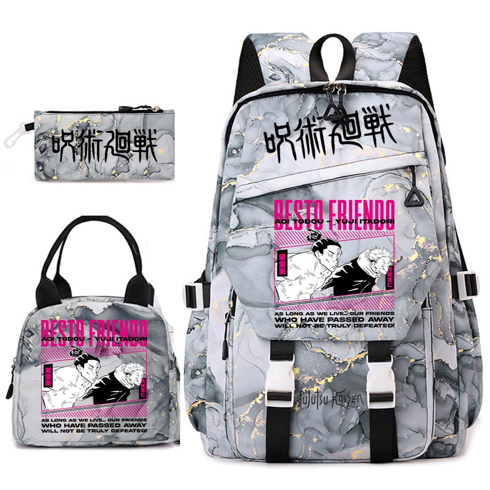 Anime Jujutsu Kaisen Backpack Set for Girls 3pcs School Bookbag Lunch Bag Pencil Case Casual Travel Rucksack