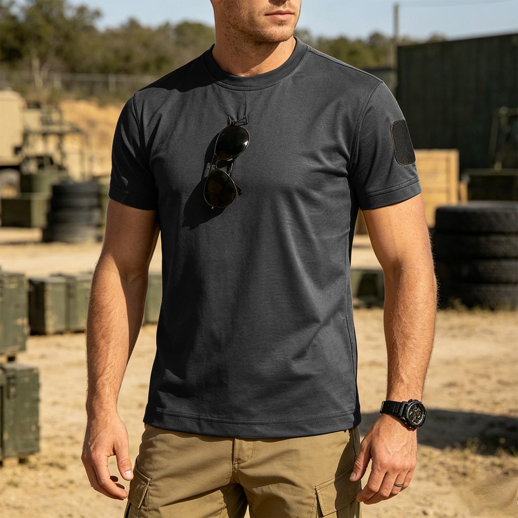 Men's Tactical Outdoor Quick-Dry T-Shirt Crew Neck Loose Fit Breathable Short Sleeve with Hook and Loop Patch Area for Customization