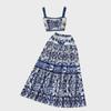 Blue & White Porcelain Print Camisole and High-Waist Midi Skirt Set for Women