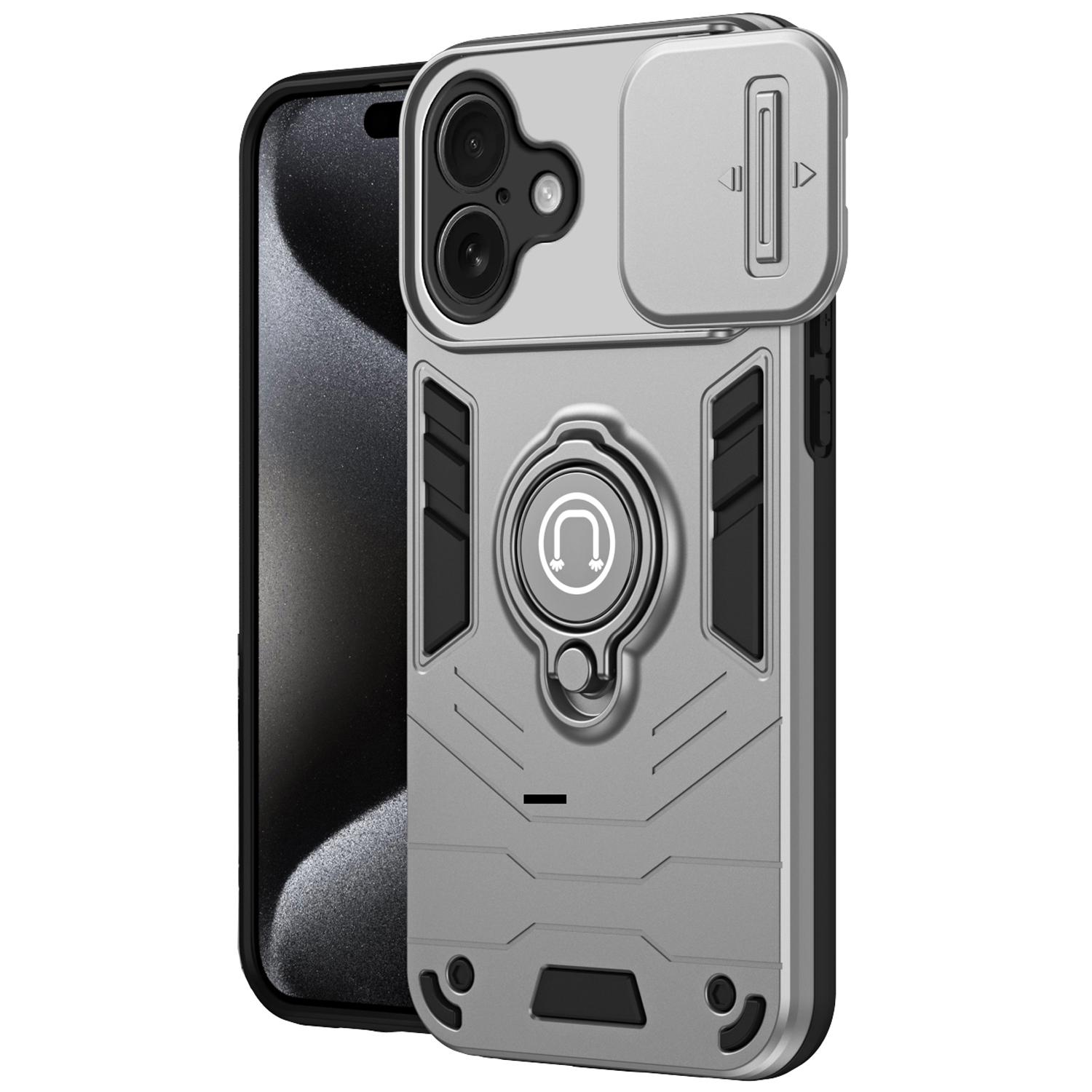 

For iPhone 16 Case Slide Camshield Kickstand PC+TPU Phone Cover - Grey